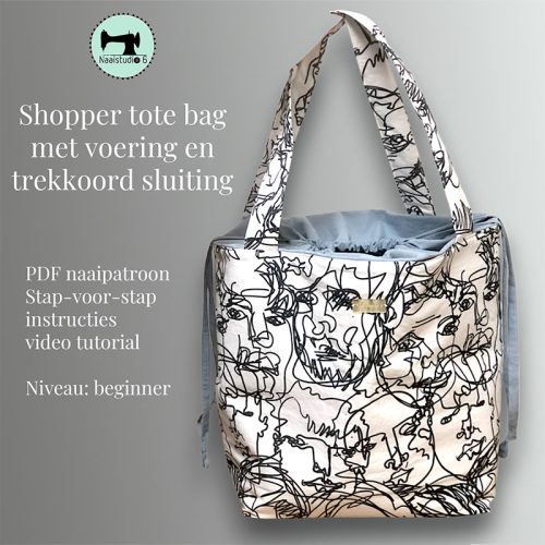 DIY shopper totebag patroon: gevoerd, trekkoord, stap-voor-stap instructies en videotutorial."